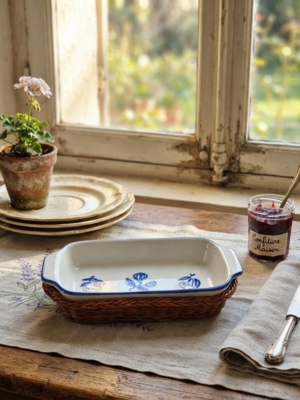 Vintage Ceramic Baking Dish with Wicker Basket & Blue Fruit Motif